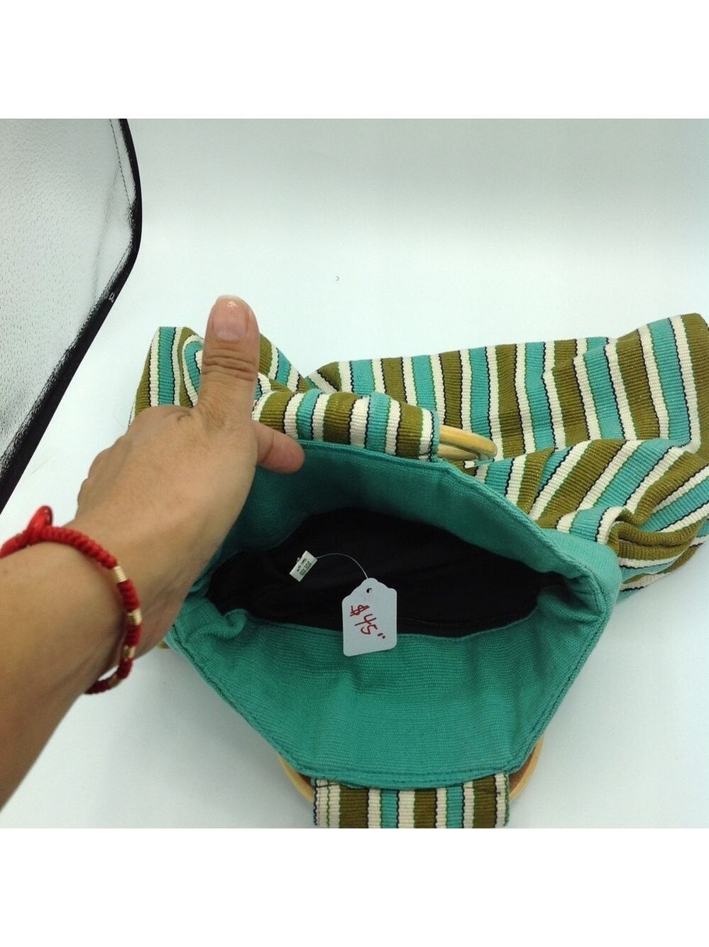 Vintage Striped Cotton Baguette Bag Wooden Handle Purse Olive Green Teal - Picture 3 of 3